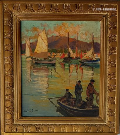 LE PORT BRETON " Le port breton " Huile sur panneau 28 x 24 cm (avec cadre 39 x 34...