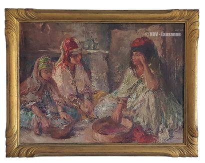 Édouard VERSCHAFFELT (1874-1955) 
"Family scene in Bou Saada" Oil on canvas, 40 x...
