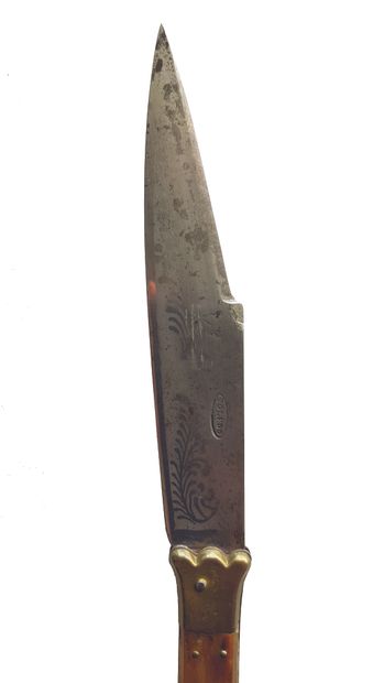 COUTEAU NAVAJA - TOLEDE 19世纪Navaja带锁折叠刀，玳瑁和骨质材料，刻有花朵，三个黄铜栓子中的一个是响尾蛇形状，刀柄和刀刃上的徽章刻有卷轴和...