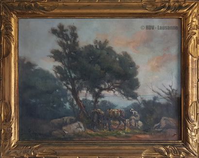 Louis RANDAVEL (1869-1947) "阿尔及利亚风景，一个人和他的两头驴在休息" 布面油画，46 x 61厘米（带框架58 x 73厘米），左下方有签名。



高分辨率照片



(在洛桑、日内瓦、巴黎、里昂或马赛的拍品在拍卖后几天内交付)



估计：200-300欧元



"阿尔及利亚风景，一个人和他的两头驴在休息"...