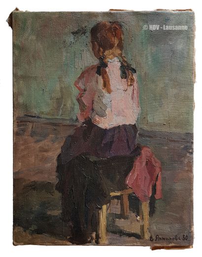 ANTIPOVA Evgenia (1917-2009) " La fille aux nattes " Huile sur toile 44,5 x 35 cm...