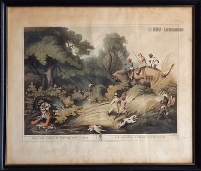 Aquatintes Oriental Field Sports 著名的1805-1807年的18幅水彩画，由威廉姆森和豪威特绘制，H.默克雕刻 38 x 48厘米。



高分辨率照片



(拍卖后几天在洛桑、日内瓦、巴黎、里昂或马赛交付拍卖品)



估计：600...