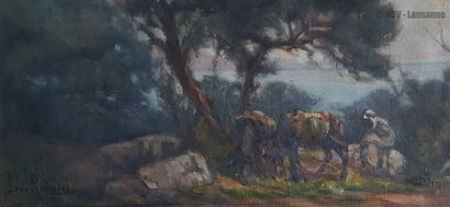 Louis RANDAVEL (1869-1947) "Paysage algérien avec un homme et ses deux ânes au repos"...