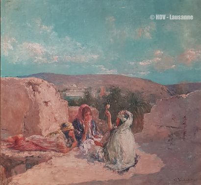 Édouard VERSCHAFFELT (1874-1955) "The spinner on a terrace in Bou Saada" Oil on canvas...