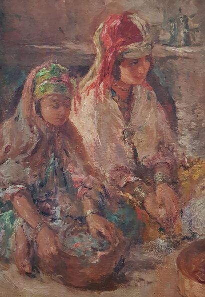 Édouard VERSCHAFFELT (1874-1955) 
"Scène familiale à Bou Saada" Huile sur toile,...