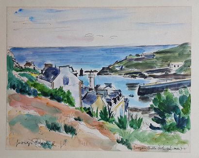 PACOUIL Georges "Sauzon - Belle-Isle/Mer" Watercolor 21 x 26 cm and (33 x 41 cm with...