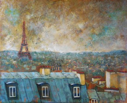 DE SAINT PIERRE Erik "Les toits de Paris" Huile et acrylique au couteau sur toile...