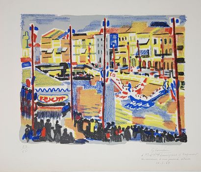 COUDERC Gabriel "Les Joutes à Sète" Aquatint of 1960, 28 x 35 cm framed 38,5 x 57,5...