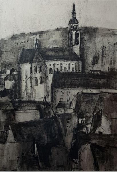 GANTNER Bernard " L’église au milieu du village " Fusain, 40 x 28 cm (58 x 46 cm)...