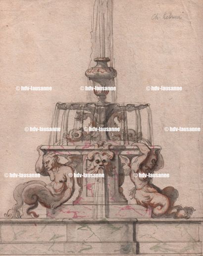 Attribué à Charles LE BRUN (1619-1690) "Fontaine aux Tritons et Dauphins avec au...