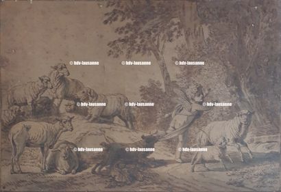Jean-Baptiste HUET (1745-1811) "Cupidon chassé du troupeau" Dessin, lavis de sanguine...