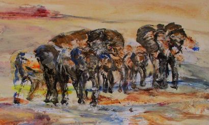 NAVEMA "La mare aux éléphants" Acrylique sur toile vernis 80 x 80 cm signée.

Le...