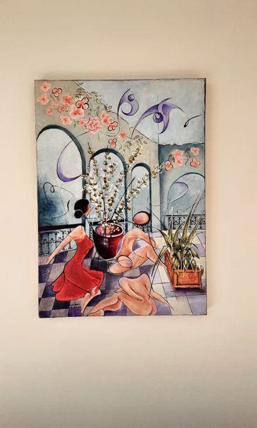 RAZAFIN "La Fiesta" Acrylique et Huile sur toile 46 x 33 cm signée et tampon au dos...