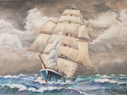 BOURLIER Gaby "Clipper toutes voiles dehors" Dessin Pastel sec,sur papier blanc Vinci...