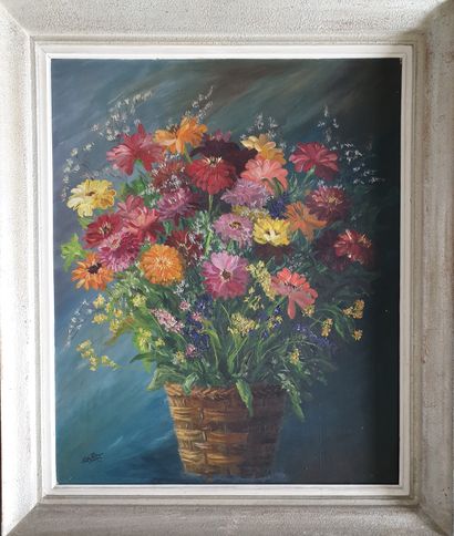 POTRON Eva "Bouquet de fleurs" Huile sur toile 73 x 60 cm (88 x 74 cm avec cadre)...