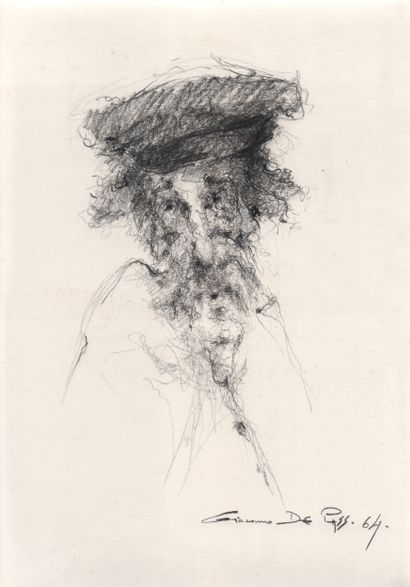 DE PASS Giacomo "Portrait à la casquette" Fusain 50 x 32 cm Signée et datée 1964...