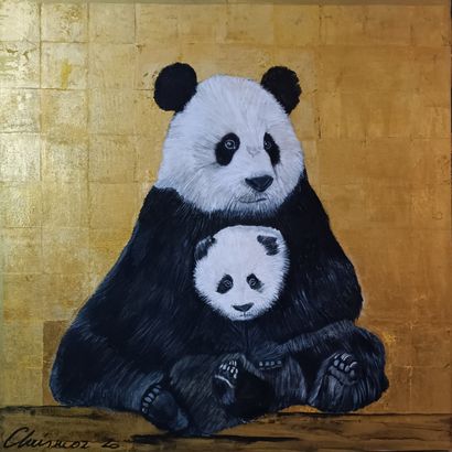 CHRISMOZ "Panda Family" Acrylique sur toile 80 x 80 cm avec feuilles d'or véritable...