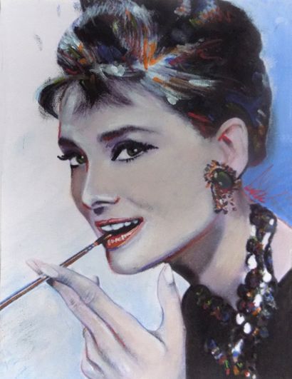 DE SAINT PIERRE Erik "Audrey Hepburn" Acrylique, pastel et encre sur toile 30 x 40...