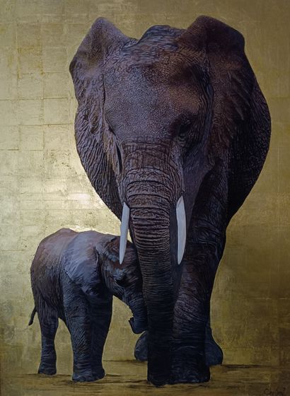 CHRISMOZ "Power of the elephant" Acrylique avec feuilles d'or sur toile 130 x 97...