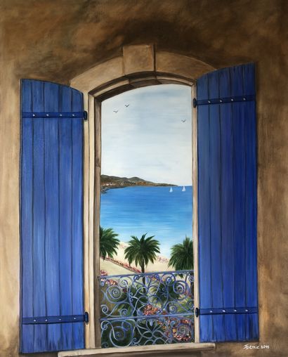 DÉTRIE Françoise "Fenêtre sur la Cote d'Azur" vue sur la baie des anges. Acrylique...