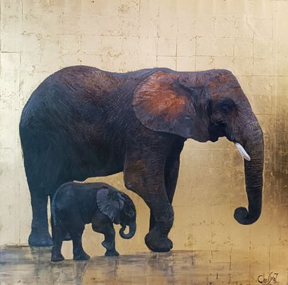 CHRISMOZ "Elephant Family" Acrylique avec feuilles d'or sur toile 120 x 120 cm signée....