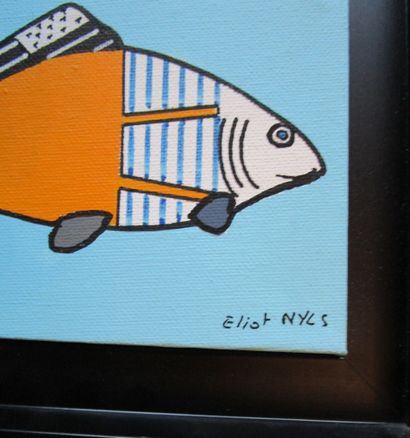 NYLS Eliot "Les Poisson" Peinture triptyque acrylique sur toile 19 x 38 cm encadrée...