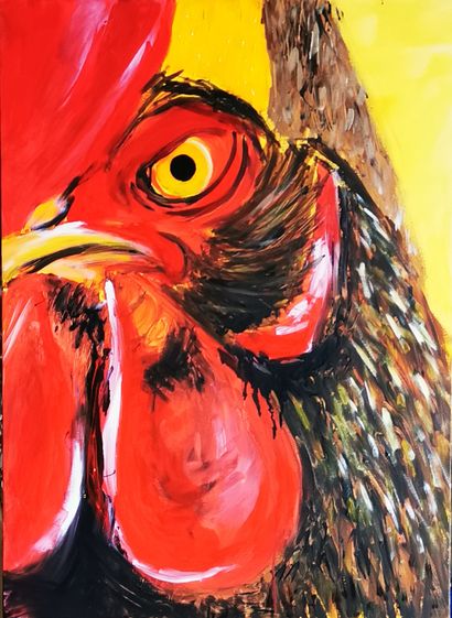 MILLOUR Charlotte "Portrait de poule en colère sur fond jaune" Acrylique sur toile...