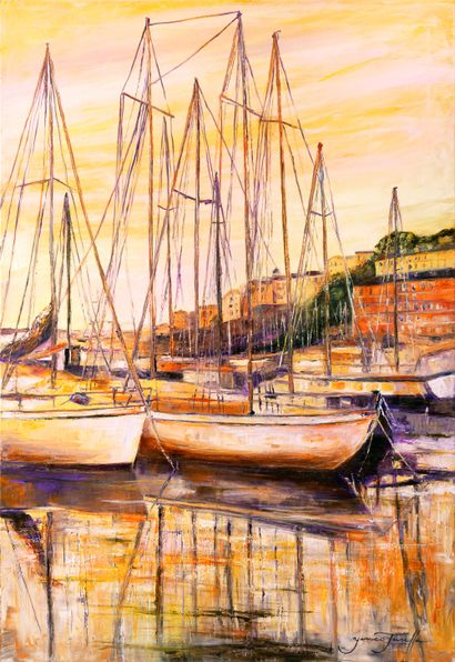 YENCO FUSELLA Monique "Les mâts dorés" au vieux port de Bastia. Huile sur toile 130...