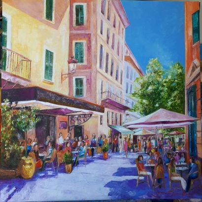 YENCO FUSELLA Monique "Le bistrot du marché à Bastia" Huile sur toile 100 x 100 cm...