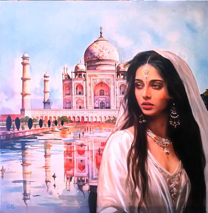 DURAND Gyl "Au bord de la Yamuna . Femme hindoue au bord du bassin du Taj Mahal ..."...
