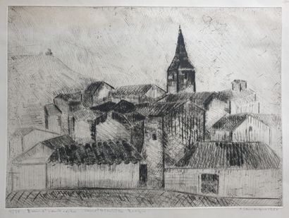 LAMARQUE Xavier « Le village espagnol » Lithographie au burin et pointe sèche, 31,5...