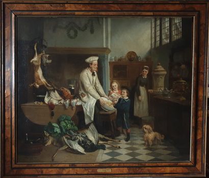VERHOEVEN-BALL Adrien Joseph (1824-1882) "La leçon de cuisine" Huile sur toile 76...