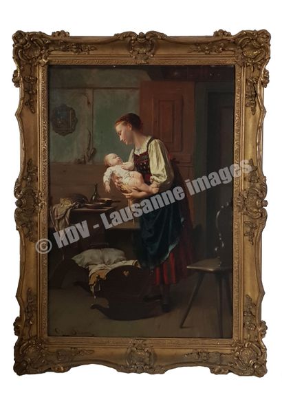 STEVENS A. "Mère enfant" Huile sur toile, école anglaise, 65 x 45 cm (78 x 58 cm...