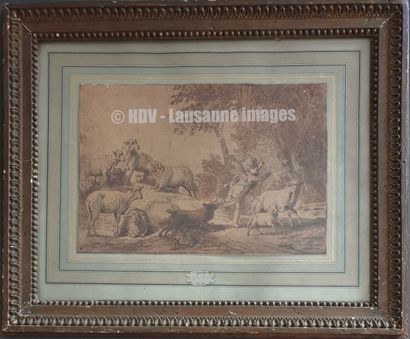 HUET Jean-Baptiste (1745-1811) "Cupidon chassé du troupeau" Dessin, lavis de sanguine...