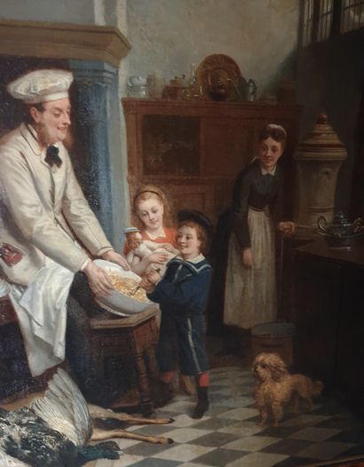 VERHOEVEN-BALL Adrien Joseph (1824-1882) "La leçon de cuisine" Huile sur toile 76...