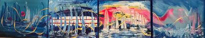 FAYAD COMAIR Nadine "Quatriptique Marine" Acrylique sur toile 120 x 20 cm signée....