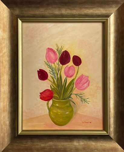 PALACIOS-DUPONT Solange "Bouquet de tulipes" Huile sur bois 35 x 27 cm signée bas...