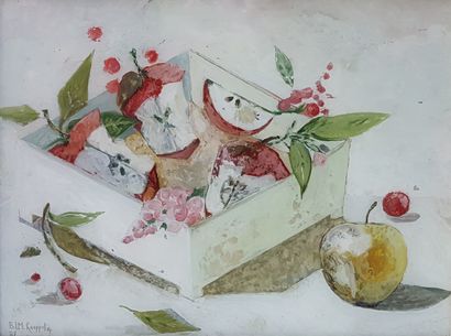 KAEPPELIN " Le coffret aux fruits " Peinture sur verre inversé, 32 x 43 cm et 50,5...