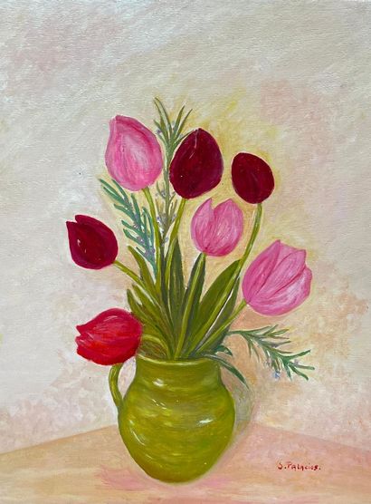 PALACIOS-DUPONT Solange "Bouquet de tulipes" Huile sur bois 35 x 27 cm signée bas...