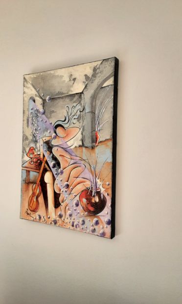 RAZAFIN "Elevation" Huile et acrylique sur toile 44 x 33 cm signée et tampon atelier...