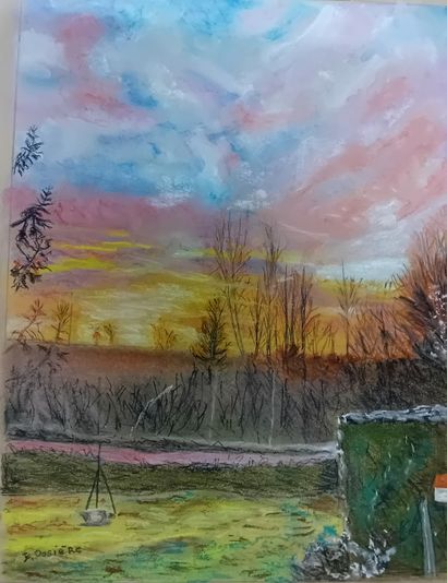 DOSIERE Edouard "La beauté d'un ciel soleil couchant" Pastel sur carton 50 x 40 cm...