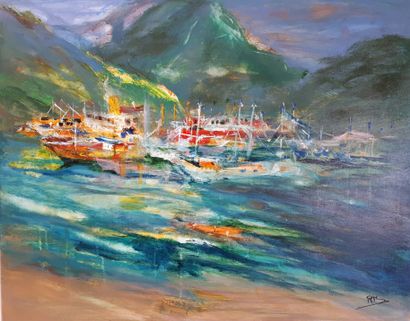 NAVEMA "Retour des bateaux philippines" Acrylique sur toile signée de 73 cm x 92...