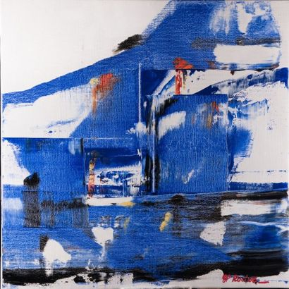 RODER Jean-Pierre "Chants en noir et bleu source" Huile sur toile signée 80x80cm...