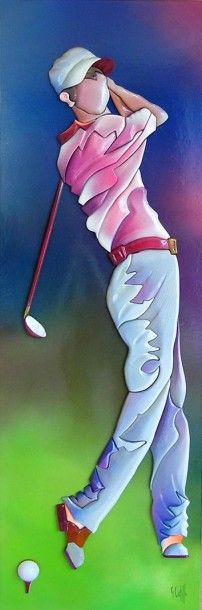 CASTILLE Georges "Golfeur" Bois sculpté en relief polychrome - signée 120x40cm -...