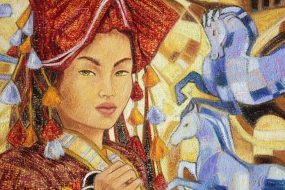 IXIA "Dao de Sapa aux chevaux bleus" Huile sur toile signée 54x73cm - Frais de transport...