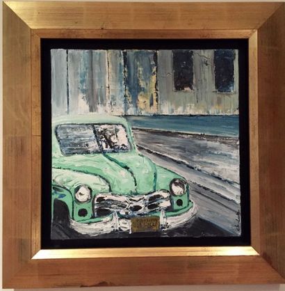 LUTZ Chantal " La voiture verte à la Havane " Huile sur toile signée 30 x 30 cm et...