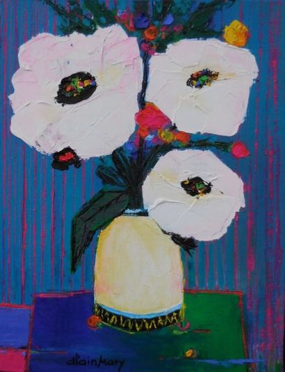 MARY Alain "Fleurs blanches " " - Huile au couteau sur toile de lin de 61 x 50 cm...