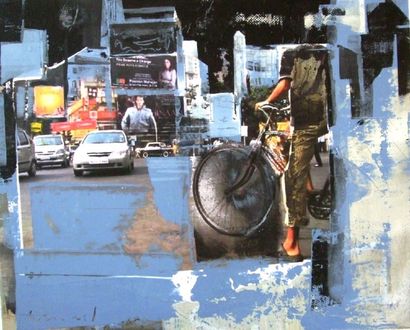 MICHEL Ute "Street Art" Technique mixte (collage/acrylique) signée 48 x 40 cm avec...