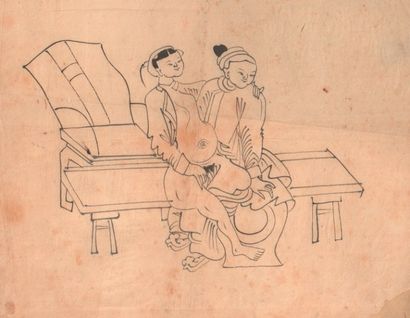 Scènes d'amours anamites. Estimation : 150 - 200 € 
Quatre dessins à l’encre de Chine...