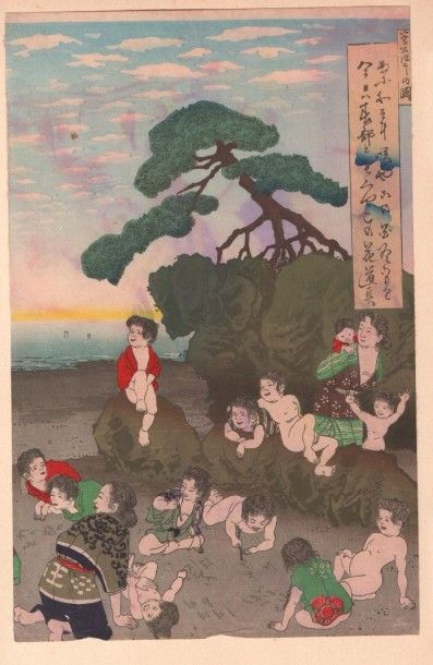 Quatre estampes japonaises du XIXe siècle. Estimation : 100 - 200 € 
"Bouddha juché...
